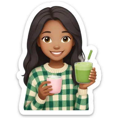 aesthetic black girl with light skin, long hair, wearing a cute cream colored sweater with a flannel shirt underneath, holding a matcha in her hand, cute minimal blush, smiling with teeth sticker