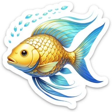 Shimmering golden fish transforming into an omega-3 symbol as it swims toward a luminous brain. Radiant neural pathways extend from the brain, meeting the flowing golden energy from the fish. All elements emit a soft ethereal glow with subtle blue undertones. sticker