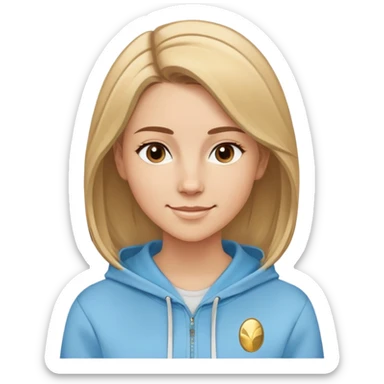 Caucasian female with oval face, straight brown-blonde mixed hair (more brown) with side part, serene smile, light blue sporty hoodie with gold and white fantasy details sticker