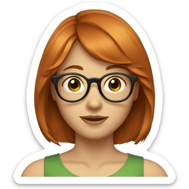 red haired woman with shoulder length hair and bangs and round brown glasses, light skin, green eyes sticker