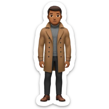 Handsome Black guy with brown skin tone, with lean muscular build, wearing black slacks, a gray sweater, long brown pea coat, and black shoes sticker