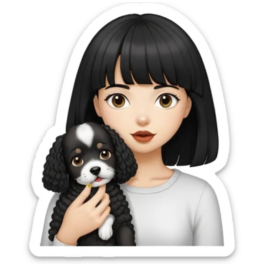 A black long straight hair girl with bang, holding a black short curly hair dog whose hair around mouth is white. sticker