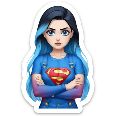 Female-Very tall-very very very large chest-really angry-arms crossed-very long straight flat black to sky blue hair ombre-blue eyes-black eyeliner-long eyelashes-iridescent superman tshort with glitter superman logo-overalls-lip pierced sticker