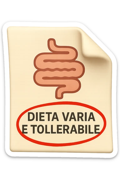 emoji stile iphone di un foglio con un INTESTINO disegnatO sopra e la scritta "DIETA VARIA E TOLLERABILE" CERCHIATA IN ROSSO, iperrealistico 4k, isolato su sfondo bianco sticker