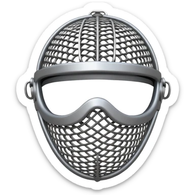 3D render oFencing Mask, made of interlocking chainmail metal rings, wire mesh texture, visible holes and negative space, metallic silver and grey, high contrast shadows, emoji style, isolated on white background --v 6.0. sticker