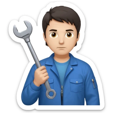 Calm and independent male technician, Caucasian features, short tousled dark hair, serious but composed expression, wearing a blue work jacket over a grey t-shirt, holding a wrench in one hand and a mechanical gear in the other, waist-up, front-facing sticker