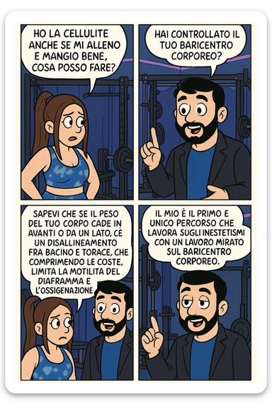 TRASFORMA QUESTO CAROSELLO IN UN FUMETTO STILE FUMETTO TOPOLINO CON QUESTE DUE PERSONE IDENTICHE CHE INTERLOQUISCONO TRA LORO:

LEI: Ho la cellulite anche se mi alleno e mangio bene, cosa posso fare?

LUI: Hai controllato il tuo baricentro corporeo?
LUI: Sapevi che se il peso del tuo corpo cade in avanti o da un lato, c’è un disallineamento fra bacino e torace, che comprimendo le coste, limita la motilità del diaframma e l’ossigenazione dei tessuti?
LUI: Il mio è il primo e unico percorso che lavora sugli inestetismi con un lavoro mirato sul baricentro corporeo. sticker