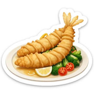 Cinematic Realistic Tempura Dish Emoji, depicted as lightly battered and fried seafood and vegetables rendered with delicate textures and crisp, inviting lighting. sticker