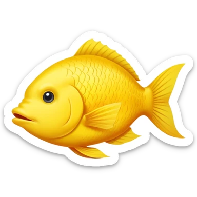 bright yellow fish in strict side view profile, facing exactly to the right, only one side visible, single eye, perfectly flat 2D representation, dopey stupid expression sticker