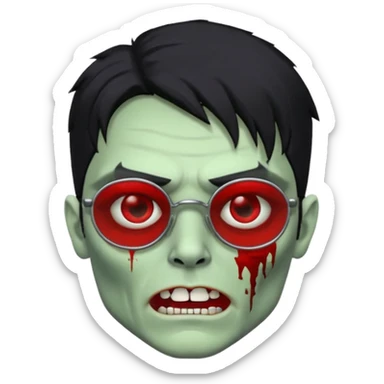 homem zumbi de óculos cabelo preto com muita olheira deixar pele dele verde dentes brancos e olhos vermelhos e ensanguentados deixar óculos quadrado e preto e olhos cheio de veias vermelhas piercing em todo rosto piercing prata colocar risco nas duas sobrancelhas e colocar lábios em sua boca sticker