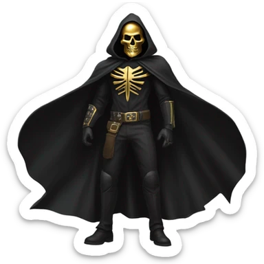 Bounty Hunter Boss with black cape and a half of gold skull mask from death Stranding, full body view sticker