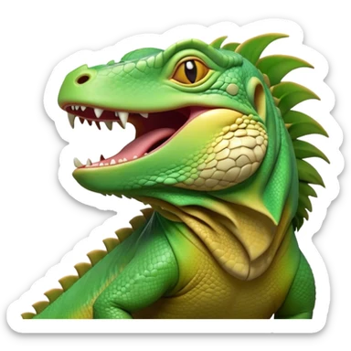 Cinematic Realistic Cute Yawning Iguana Portrait Emoji, Head tilted slightly with a dramatic, wide-open yawn, showcasing a soft, textured green-scaled face with gently drooping features and half-closed, drowsy amber eyes, rendered with natural detail and subtle shadows, high shine, relaxed yet expressive, styled with a dash of tropical charm, soft glowing outline, capturing the essence of a sleepy yet affectionate iguana that appears ready to stretch out and enjoy a peaceful nap! sticker