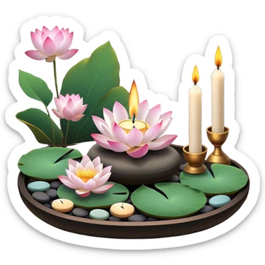 A photorealistic icon featuring lotus flowers, burning candles, incense sticks, smooth meditation stones, and a tranquil setting with soft, calming natural elements. Subtle, peaceful colors and detailed textures that evoke a sense of mindfulness and inner peace. Transparent background sticker