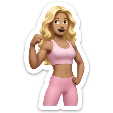 Woman, white skin, pale skin, long hair, blonde hair, wavy hair, baby pink sports bra, baby pink leggings, flexing one arm up sticker