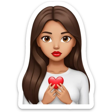 Model sexy tanned beautiful girl with pump lips and brunette straight long hair showing heart sticker