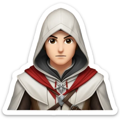 icon featuring Assasin's Creed in an iconic assassin's hood, standing tall against the backdrop of Florence. The design captures the essence of adventure, with intricate details of historical architecture and a sense of mystery. The character is poised, ready for action. transparent background. sticker