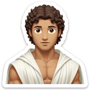 Cinematic Realistic Hercules Portrait, depicted as a classical Greek hero inspired by the Disney version yet echoing the refined proportions and serene dignity of Michelangelo's David. His idealized, tan skin glows with timeless strength, and his thick, curly wavy dark brownhair falls in natural, sculpted curls. Draped in a flowing white robe with delicate golden accents, his expressive eyes radiate determined nobility, all rendered under dynamic natural lighting with a mythic, radiant glow. sticker