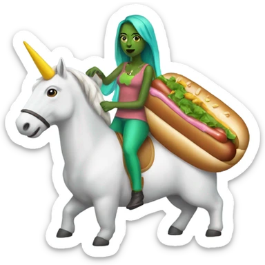 A woman with green skin and a unicorn horn riding a hot dog sticker