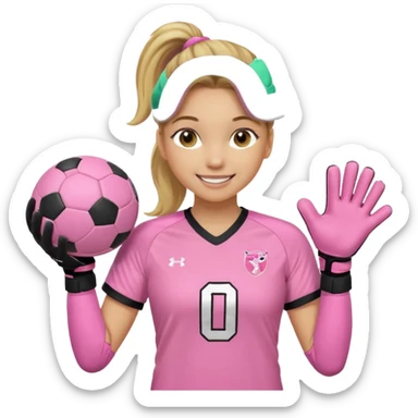 Make a dirty blonde football goalkeeper with goalkeeper gloves on holding a regular football. NOT AN AMERICAN FOOTBALK BALL. The girl is light skinned and wearing a light pink football. Wearing a ponytail with the dirty blonde. Make it without the whole body sticker