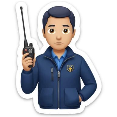 Security, Middle-aged, wearing navy blue jacket, serious facial expression, holding walkie-talkie, full body sticker