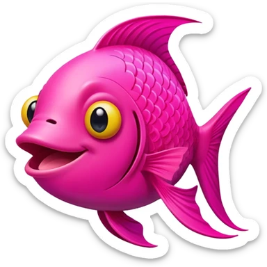 super friendly, extremely derpy bright neon pink fish with big goofy smile and crossed eye, tongue sticking out, perfect flat side profile facing right, exactly 90 degrees, one eye visible sticker