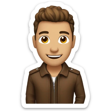 The handsome guy smiled, leaned to the right, wore a brown jacket and pointed his left hand to the upper left corner sticker