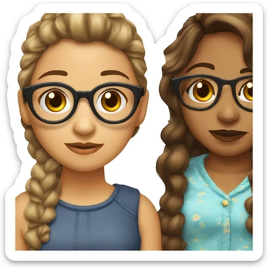 Dos chicas jóvenes, una con piel clara y lentes, otra con piel trigueña, ambas de cabello castaño en estilo mullet y ojos cafés, en pijamas navideñas, dándose un beso sticker