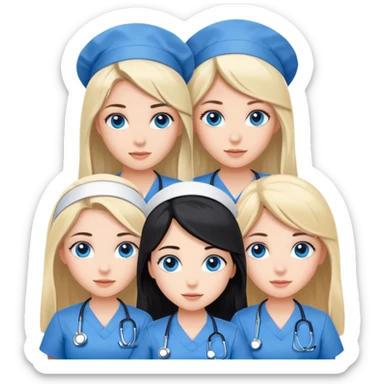 Three girl nurses, one with long brown hair blue eyes, one with long black hair brown eyes, one with short blonde hair blue eyes, all white skin color sticker