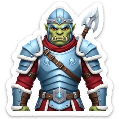
Fantasy Christmas orc legion soldier icon, iron tundra army theme, heavy winter armor, disciplined brutal look, icy blue steel armor with deep crimson accents, frozen metal texture, cold winter atmosphere, male variant sticker