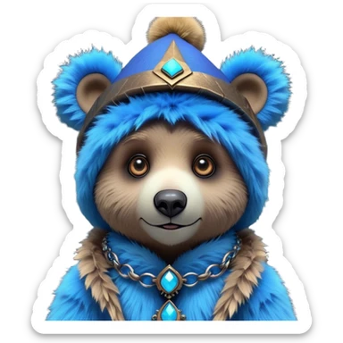3D, adorable little Pixar style blue neon punk bear wearing a jester hat, ultra detailed, each lash, eye, and strand of fur is shown in stunning detail as though captured in a timeless photograph, rich textures, visually rich, so lifelike it feels like it could leap off the page at any moment sticker