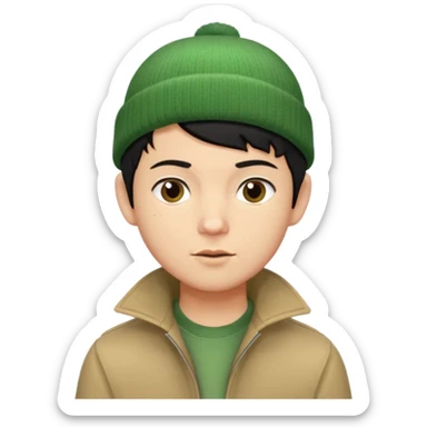 young man with pixie cut black hair, green beenie hat, tan jacket and pork chop sideburns sticker