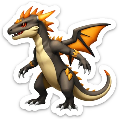 Magmatic fiery badass cool obsidian-Black and golden-orange Helioptile-Marowak-Croconaw-Fakémon-hybrid-creature (full body)  sticker