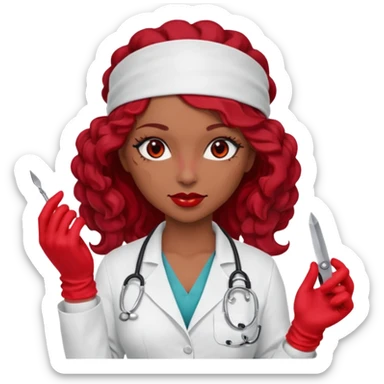Lilith scalpel in hand, evil surgeon sexy surgeon clothes.  She has red eyes. She brown long curly hair. Wears sexy doctor outfit with red gloves.hair is free and brown  Wears red bandana to hide  her mouth and nose sticker