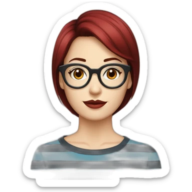 a woman face with grey eyes and a dark red shag haircut, transparent vintage style glasses, a round face and a black and blue striped shirt sticker