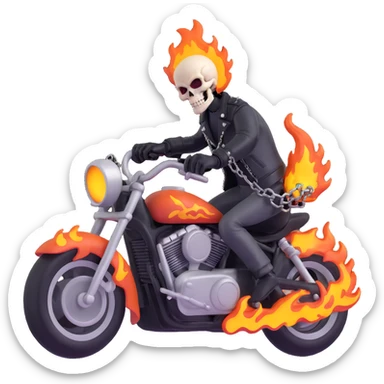Ghost Rider with flaming skull, leather jacket, motorcycle chains, dramatic pose, 3D style sticker