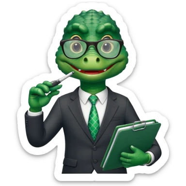 A cartoon alligator in a business suit with a clipboard and glasses sticker