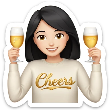 A woman with longer black hair, light to medium skin tone, full cheeks, and almond-shaped eyes, wearing a simple white sweater with the word 'cheers' in gold script, joyful and radiant expression, cheerful, emoji style, just her torso, no hands, no cups. sticker