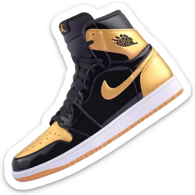 Jordan 1 sneaker, patent leather black material with a metallic gold swoosh sticker