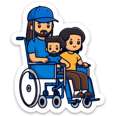 Beige skin man with a beard and cap in a wheelchair sitting next to a brown skin woman with long black hair in a wheelchair  sticker