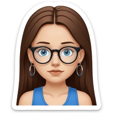 White girl with long brown hair, part going more to the RIGHT side, BLUE eyes, wearing BLACK plastic frame glasses. SEPTUM nose piercing hoop (at bottom of nose) AND stud nose piercing on right side of nose. Wearing BLACK tank top. Wearing big hoop earrings. NOOO necklace! sticker