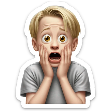 macaulay culkin child from Home Alone, putting both hands on his face and screaming of fear. bring the hands down lik he is putting on his cheeks. sticker