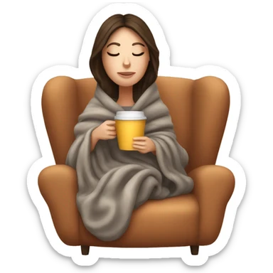 Brunette white girl covered in blanket autumn vibe sitting on a cozy chair holding coffee eyes closed sticker