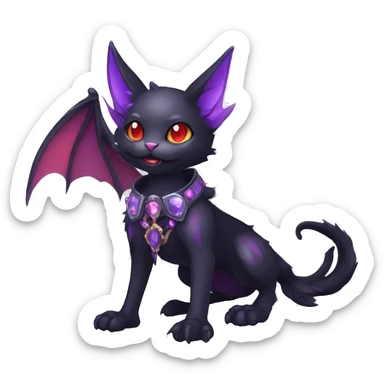 cool kawaii edgy evil black purple red ethereal fantasy beautiful elegant nargacuga-bat-cat-Fakemon wearing legs spats a collar harness with jewelries full body sticker