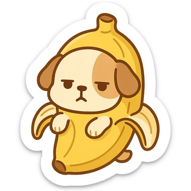 A cute puppy dressed as a banana with a dull expression sticker