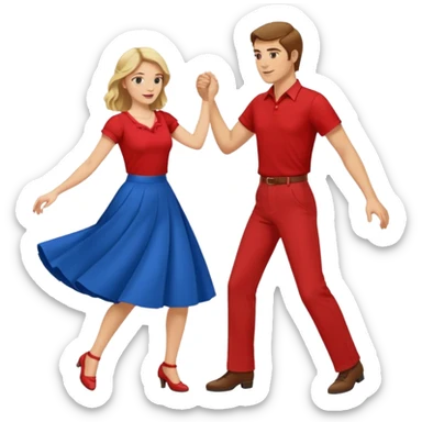 Two people. Man in red shirt and  red pants with brown hair. Women in blue shirt and long skirt with blond hair. Swing Dancing sticker