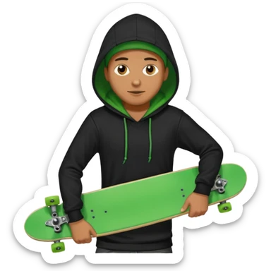 Un hombre sorteando con camisa negra y tabla verde y encapuchado sticker