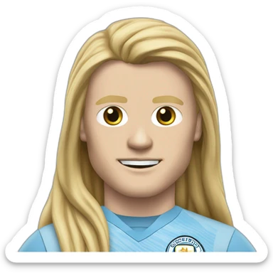 Realistic Erling Haaland has long hair, in a catogan. He is wearing Manchester City football shirt sticker