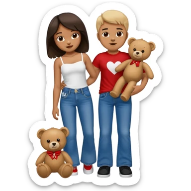 A boy and a girl teddy bear for the boy bear put on true religion shirt and jeans with black shoes and for the girl put flare jeans and a red tube top and white shoes just bears not the humans  sticker
