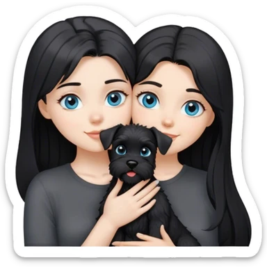 pale girl with light blue eyes and long black hair wearing black shirt kissing schnauzer holding smiling black schnauzer  sticker