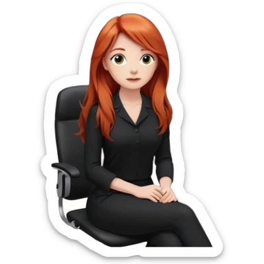 Video call therapy session: red-haired therapist with long hair wearing black minimalist clothing, seated in a professional home office, looking at the webcam; calm, modern teletherapy setting sticker